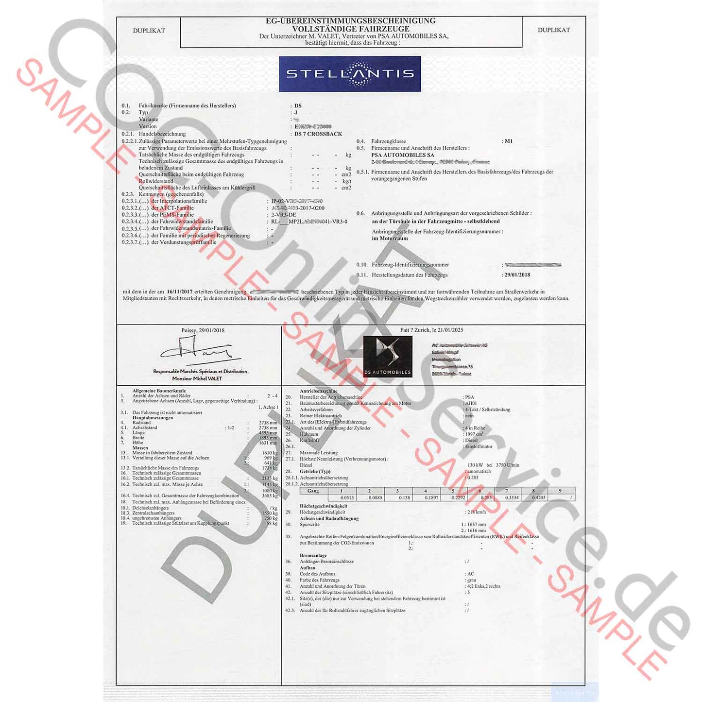 COC Papiere für DS Automobiles (Certificate of Conformity)