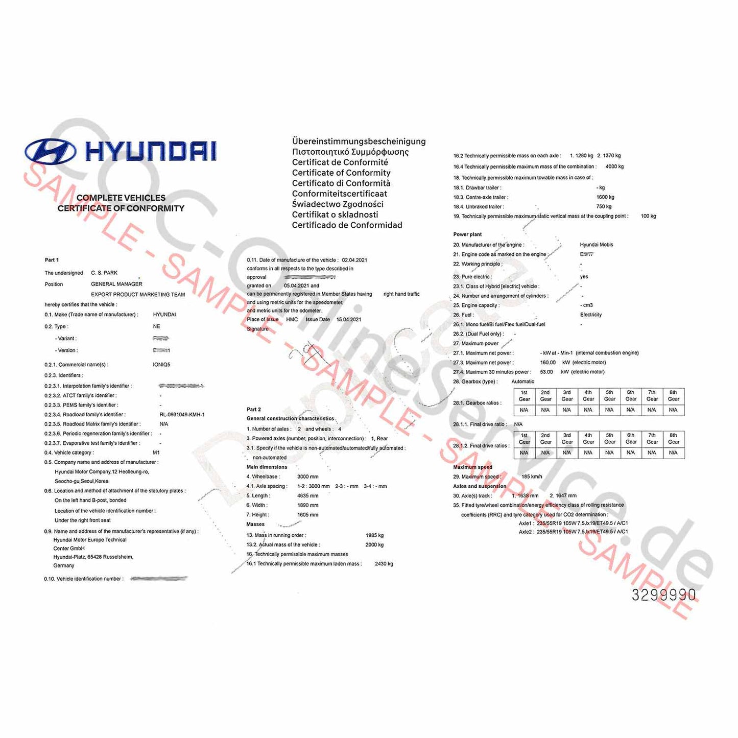 COC dokumenty pro Hyundai (Certificate of Conformity)