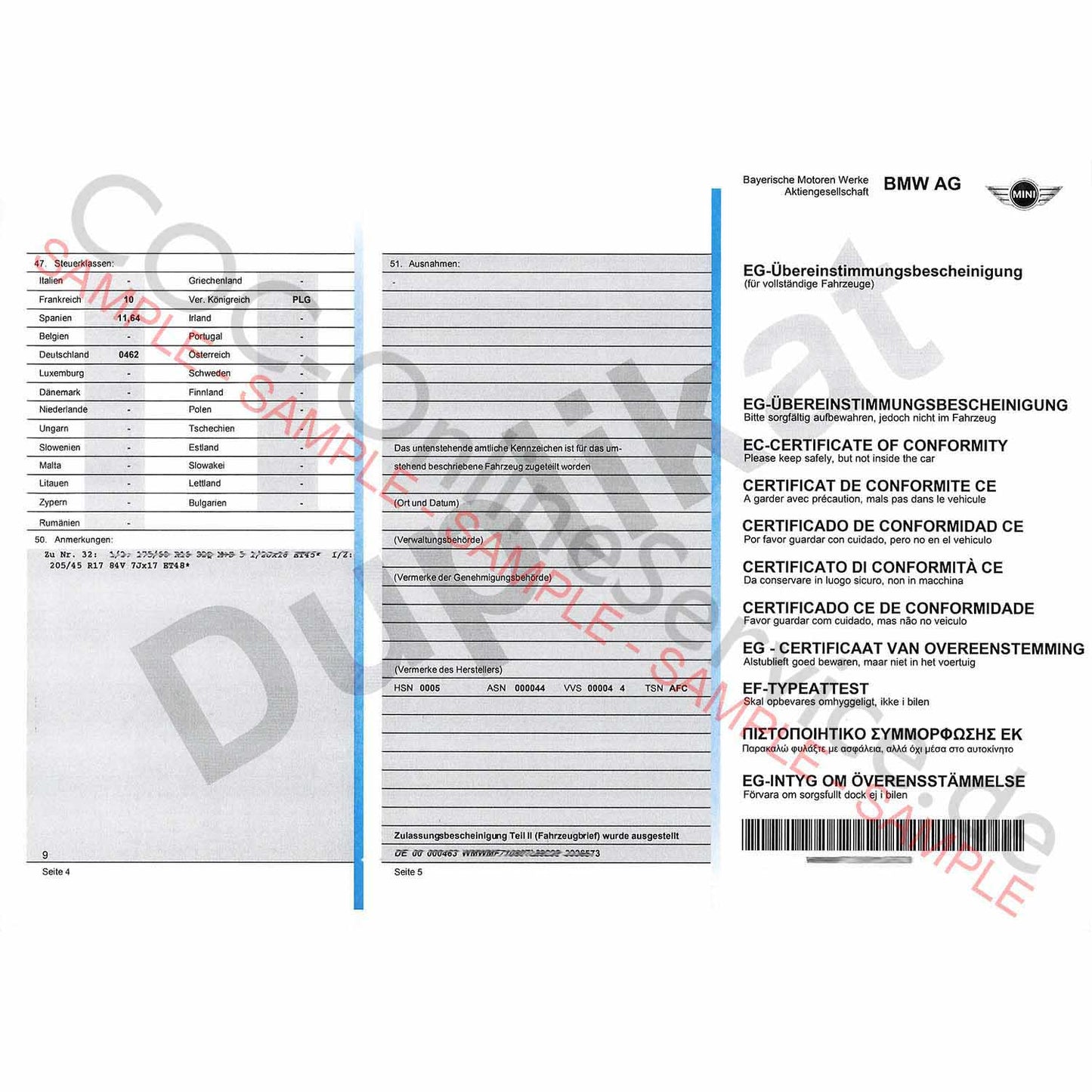 COC-dokumenter til MINI (Certificate of Conformity)