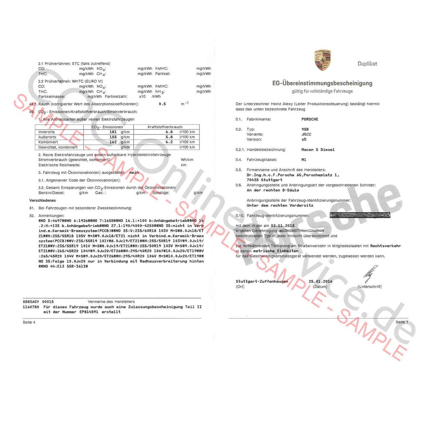 COC dokumenty pro Porsche (Certificate of Conformity)