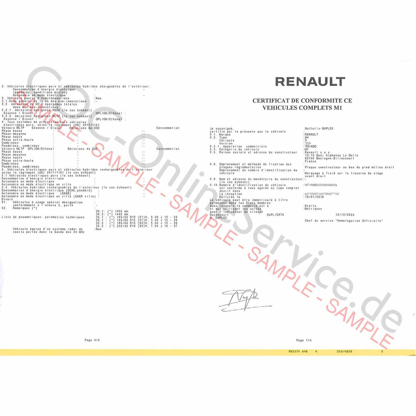 COC Documents for Renault (Certificate of Conformity)