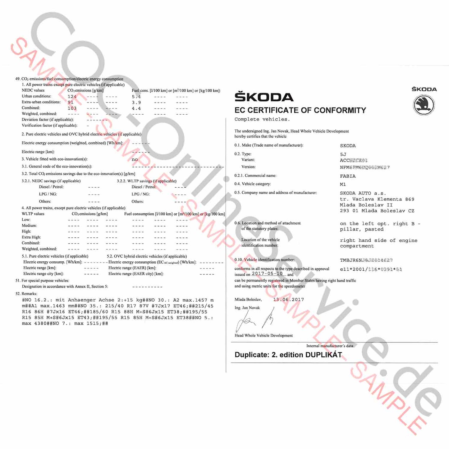 COC-dokument för Škoda (Certificate of Conformity)
