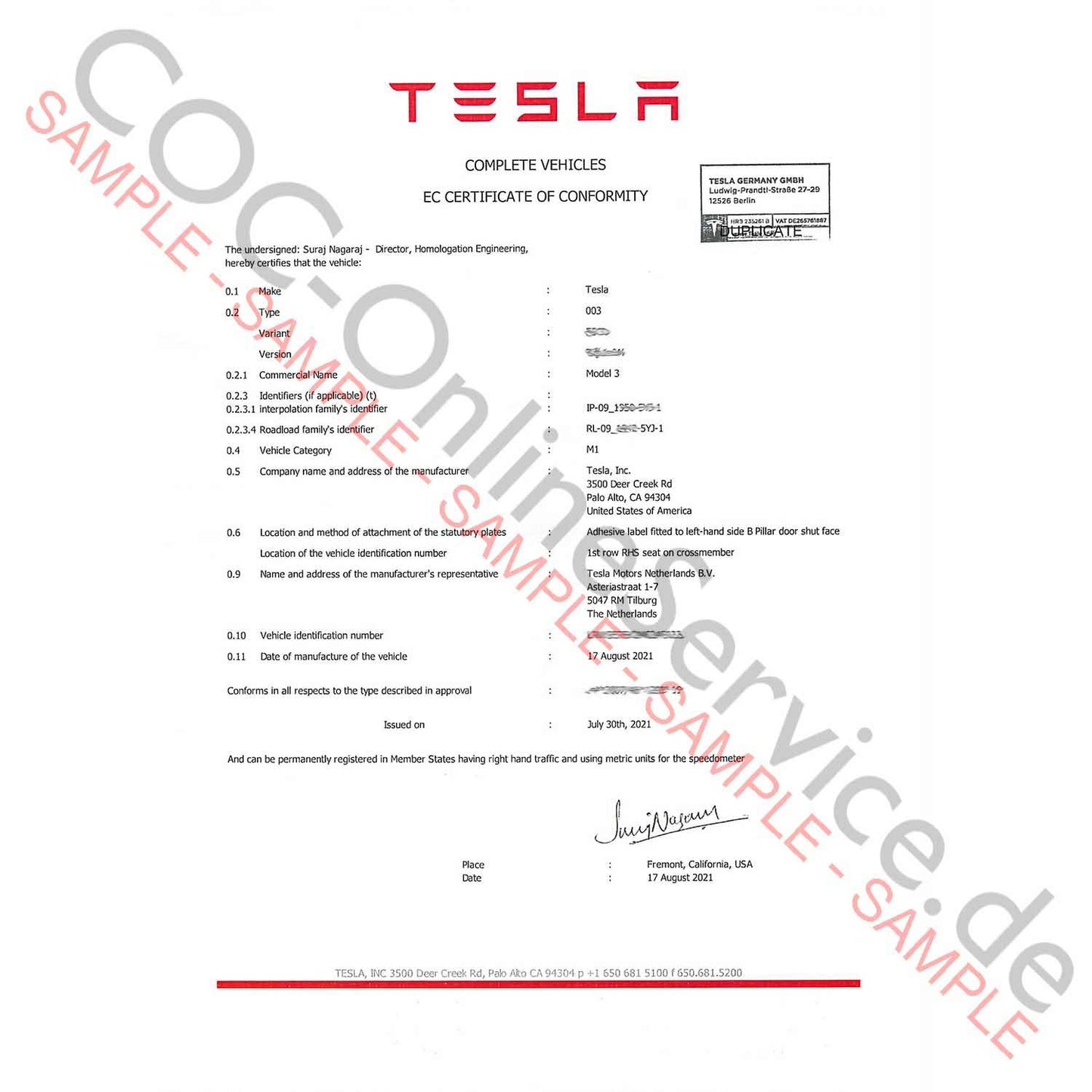 COC-dokumenter til Tesla (Certificate of Conformity)