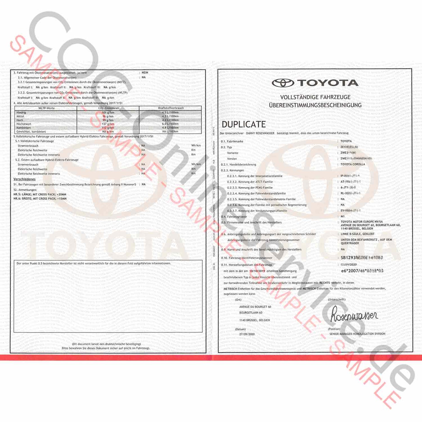 COC documents for Toyota (Certificate of Conformity)